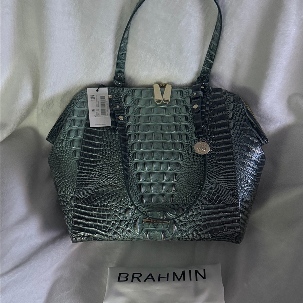 Brahmin Dark Green Croc-Embossed Shoulder Bag